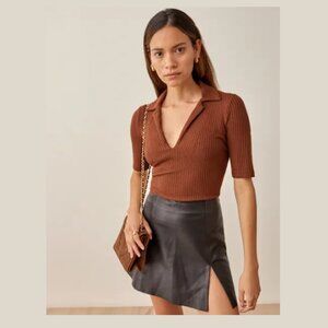 REFORMATION Thomas Knit Top Shirt Ribbed Collared V-Neck Chestnut Women's Small